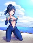  1girl bikini blue_hair blue_sky blush bodysuit breasts cleavage clouds collarbone day diving_suit highres kanabun long_hair looking_at_viewer love_live! love_live!_sunshine!! matsuura_kanan medium_breasts navel outdoors ponytail sky smile solo swimsuit violet_eyes 