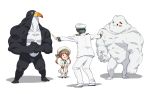  &gt;:d 1boy 1girl :d admiral_(kantai_collection) animal bacius beret black_hair bow brown_hair cat clothes_writing creature epaulettes error_musume failure_penguin fist_in_hand girl_holding_a_cat_(kantai_collection) hair_bow hat holding holding_animal jacket jurassic_park jurassic_world kantai_collection kneehighs long_hair long_sleeves looking_at_another low_twintails military military_hat military_uniform miss_cloud muscle open_mouth outstretched_arms pants parody peaked_cap sailor_hat school_uniform serafuku shadow shoes shoshinsha_mark simple_background smile spread_arms standing twintails uniform white_background white_legwear 