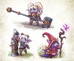  3girls animal_ears armor commentary goggles goggles_on_head green_eyes hat highres league_of_legends long_hair lulu_(league_of_legends) maxa&#039; multiple_girls open_mouth pointy_ears poppy purple_hair purple_skin short_hair tristana twintails weapon white_hair witch_hat yordle 