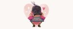  1boy apron baking_sheet chibi cookie cooking food full_body gas_mask grey_hair heart heart-shaped_food mask oven_mitts overwatch ponytail roadhog_(overwatch) simple_background solo sparkle star tinysnails valentine white_background 