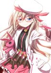  1girl alternate_costume blonde_hair blue_eyes blush braid glasses gretel_(mary_skelter) hair_ornament hat long_hair looking_at_viewer mary_skelter mizunashi_(second_run) solo stuffed_animal stuffed_bunny stuffed_toy test_tube 