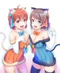  2girls ahoge alternate_costume animal_ears bare_shoulders bell blue_eyes blush bow bowtie braid breast_press breasts brown_hair cat_ears cat_tail cleavage elbow_gloves fake_animal_ears fake_tail gloves grey_hair hair_ornament highres jingle_bell kanabun large_breasts looking_at_viewer love_live! love_live!_sunshine!! multiple_girls open_mouth orange_hair paw_pose red_eyes short_hair tail takami_chika watanabe_you white_gloves 