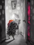  1girl baku_(creature) book commentary_request crying door doremy_sweet doremy_sweet_(baku) dots dress greyscale hat holding holding_book indoors koto_inari lamp long_hair monochrome nightcap open_mouth shadow short_sleeves spot_color touhou walking 