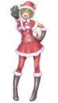  1girl animal_ears black_gloves boots closed_eyes dog_ears dog_tail elbow_gloves full_body furry gift gloves green_hair hand_on_hip hat highres knee_boots open_mouth original pantyhose pigeon-toed red_legwear santa_costume santa_hat skirt smile solo tail tewatasanaiinu wokada 
