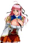  1girl ahoge armor bangs black_ribbon breasts cleavage cowboy_shot dress dungeon_and_fighter green_eyes hair_ribbon hairband highres knight_(dungeon_and_fighter) large_breasts leaning_forward long_hair long_sleeves looking_at_viewer pink_hair ribbon shoulder_armor solo suuitchi 