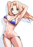  1girl aegis_(nerocc) american_flag_bikini armpits arms_behind_head bikini blonde_hair cowboy_shot flag_print girls_und_panzer green_eyes grin kay_(girls_und_panzer) long_hair looking_at_viewer navel side-tie_bikini simple_background smile solo standing swimsuit white_background 