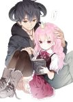  1boy 1girl :&lt; bangs black_hair black_legwear blouse blush book boots braid brown_eyes closed_mouth crown demon_horns frills hair_between_eyes hibanar hime-chan_to_maou holding holding_book hood hoodie horns legs_together long_hair mini_crown open_book parted_lips pink_hair pink_skirt pointing puffy_shorts reading red_eyes shorts simple_background sitting skirt smile speech_bubble thigh-highs wavy_hair white_background white_blouse 