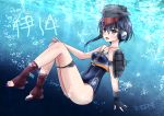  1girl air_bubble artist_name asymmetrical_hair bare_shoulders black_hair brown_eyes character_name gloves hair_between_eyes hat headphones highres i-14_(kantai_collection) kantai_collection looking_at_viewer omoomomo open_mouth open_toe_shoes partly_fingerless_gloves sailor_collar school_swimsuit shoes short_hair single_glove smile solo swimsuit underwater 