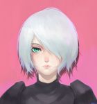  1girl 2016 artist_name black_dress dated dress eyelashes eyeliner gradient gradient_background green_eyes hair_over_one_eye highres juliet_sleeves lips lipstick long_sleeves looking_at_viewer makeup nier_(series) nier_automata no_blindfold no_mole nose pink_lips pink_lipstick portrait puffy_sleeves ribbed_dress short_hair silver_hair solo turtleneck upper_body xq yorha_no._2_type_b 