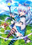  1girl animal_ears blue_eyes blue_hair cat cat_band_legwear cat_ears cat_tail highres lacrosse lacrosse_stick long_hair ooji_cha original school_uniform serafuku solo tail thigh-highs 