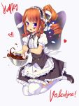  1girl apron bangs black_shoes blouse blush bonkiru brown_hair chocolate curly_hair drill_hair eyebrows_visible_through_hair fleur_de_lapin_uniform food food_on_face frilled_apron frilled_blouse frills full_body happy_valentine heart highres loafers long_hair looking_at_viewer maid mixing_bowl open_mouth original over-kneehighs ponytail puffy_short_sleeves puffy_sleeves shoes short_sleeves simple_background solo spatula swept_bangs thigh-highs violet_eyes waist_apron white_background white_blouse white_legwear 