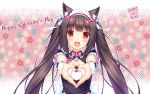  :3 :d animal_ears artist_name bangs bell blunt_bangs bow bowtie brown_eyes brown_hair cat_ears character_name chocola_(sayori) cleavage_cutout english floral_background hair_ribbon happy_valentine heart heart_hands highres jingle_bell long_hair looking_at_viewer maid maid_headdress name_tag nekopara official_art open_mouth outstretched_arms ribbon sayori slit_pupils smile twintails upper_body valentine very_long_hair wallpaper wrist_cuffs 
