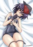  1girl asymmetrical_hair black_hair black_swimsuit breast_hold brown_eyes dakimakura gloves hair_between_eyes hat highres i-13_(kantai_collection) kantai_collection looking_at_viewer lying partly_fingerless_gloves sailor_collar school_swimsuit short_hair single_glove solo swimsuit tamayan 