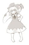  1girl barefoot bow carrying_over_shoulder cirno comic commentary_request daikon dress greyscale grin hair_bow hand_on_hip looking_at_viewer monochrome no_wings pinafore_dress puffy_short_sleeves puffy_sleeves shirt short_hair short_sleeves smile solo tako_(plastic_protein) touhou white_background 