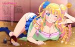  1girl ;p absurdres all_fours apron blonde_hair blue_eyes blue_scrunchie blush breasts camisole candy character_name cleavage collarbone copyright_name cup dojikko eyeshadow feet food fujii_yui galko hair_bun hair_ornament hair_scrunchie hand_behind_head highres large_breasts long_hair makeup navy_blue_legwear no_shoes on_floor one_eye_closed one_side_up oshiete!_galko-chan panties scan scrunchie skirt skirt_lift smile socks solo spill strap_slip tongue tongue_out top-down_bottom-up underwear white_panties 