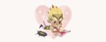  1boy blonde_hair burnt chibi chin_rest drawing full_body gloves heart junkrat_(overwatch) lying mechanical_arm mechanical_leg on_stomach overwatch peg_leg pencil short_hair simple_background smile solid_circle_eyes solo sparkle star tinysnails torn_clothes valentine white_background 