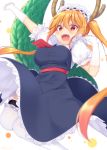  1girl :d apron arm_up bangs blonde_hair blurry blush breasts brown_eyes commentary_request depth_of_field dragon_horns dragon_tail eyebrows_visible_through_hair frilled_legwear gloves hair_between_eyes hand_up highres horns jiiwara kobayashi-san_chi_no_maidragon large_breasts long_hair looking_at_viewer maid maid_headdress open_mouth puffy_short_sleeves puffy_sleeves short_sleeves signature simple_background smile solo tail teeth thigh-highs tooru_(maidragon) twintails twitter_username very_long_hair white_background white_gloves white_legwear 