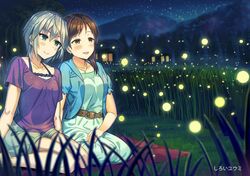  2girls anastasia_(idolmaster) blue_eyes blurry brown_eyes brown_hair commentary_request depth_of_field firefly glowing grass idolmaster idolmaster_cinderella_girls jewelry long_hair love_laika mountain multiple_girls necklace nitta_minami shiroi_yuumi short_hair silver_hair smile translation_request 