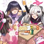  3girls :d ^_^ animal_ear_fluff animal_ears arm_up black_gloves black_hair black_scarf blue_archive blunt_bangs chips_(food) closed_eyes colored_inner_hair commentary_request cup drinking_glass elbow_pads eyeshadow fingerless_gloves food fox_ears fox_girl fruit gloves gradient_hair grey_hair hadanugi_dousa hair_between_eyes hair_ornament hair_over_one_eye halo holding holding_cup izuna_(blue_archive) japanese_clothes kotatsu long_hair long_sleeves looking_at_another makeup mandarin_orange michiru_(blue_archive) multicolored_hair multiple_girls ninja o_(rakkasei) one_side_up orange_juice package parted_bangs pocky pom_pom_(clothes) pom_pom_hair_ornament potato_chips purple_scarf rabbit_ears rabbit_girl raccoon_ears raccoon_girl raccoon_hair_ornament scarf school_uniform serafuku sidelocks simple_background sleeveless smile table thick_eyebrows tsukuyo_(blue_archive) twintails two-tone_hair white_background yellow_eyes 