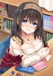  1girl azuki_yui beige_sweater blue_eyes blush book bookshelf breasts brown_hair carpet chair cleavage collarbone curtains eraser eyebrows_visible_through_hair fringe frown hairband heart idolmaster idolmaster_cinderella_girls indoors jewelry large_breasts long_hair long_sleeves looking_at_viewer necklace nose_blush off-shoulder_sweater open_mouth pen pencil_case pendant plaid raised_eyebrows ribbon-trimmed_sleeves ribbon_trim sagisawa_fumika sitting solo sweat sweater wooden_floor 