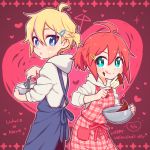  1boy 1girl ai_ai_gasa alpha_omega_nova alternate_hairstyle apron blonde_hair blue_eyes bowl character_name chocolate couple dated food food_on_face green_eyes hair_ornament hairclip happy_valentine heart luluco mt.somo multicolored_hair ponytail red_background redhead short_hair simple_background smile spatula spoilers streaked_hair trigger-chan uchuu_patrol_luluco whisk 
