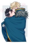  2boys ar_(rikuesuto) black_hair blue_eyes blush cape closed_mouth eye_contact fate/extra fate/grand_order fate_(series) fujimaru_ritsuka_(male) gawain_(fate/extra) gloves heart incipient_kiss looking_at_another male_focus multiple_boys parted_lips platinum_blonde smile spoken_heart spoken_squiggle squiggle yaoi 