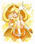  1girl bike_shorts blonde_hair choker cure_peace double_v full_body kise_yayoi looking_at_viewer magical_girl neru_(neruneruru) open_mouth ponytail precure short_hair skirt smile_precure! solo tears v wavy_mouth yellow_eyes yellow_skirt 