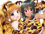  2girls animal_ears aqua_eyes armpits bare_shoulders black_hair blonde_hair blurry cat_ears cat_paws cat_tail depth_of_field eyebrows_visible_through_hair hair_intakes high_ponytail hino_akane_(idolmaster) idolmaster idolmaster_cinderella_girls long_hair looking_at_viewer mio_(mgr300) multiple_girls natalia_(idolmaster) open_mouth paw_pose paws short_hair smile tail upper_body violet_eyes white_background 