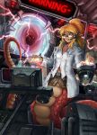  1girl black_sclera blonde_hair commentary_request earpiece glasses green_eyes labcoat lamia machinery maxa&#039; monster_girl original pointy_ears portal_(object) scales scientist sign warning_sign worried 