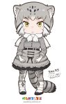  1girl animal_ears animal_print boots cat_ears cat_tail full_body gloves grey_hair kemono_friends logo looking_at_viewer multicolored_hair official_art pallas&#039;s_cat_(kemono_friends) simple_background skirt standing streaked_hair tail two-tone_hair white_background white_boots white_gloves yellow_eyes yoshizaki_mine 