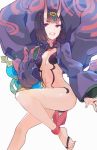  1girl :d ass bare_shoulders barefoot black_hair breasts fate/grand_order fate_(series) feet gourd hair_ornament highres horns hsin japanese_clothes kimono looking_at_viewer navel oni open_mouth revealing_clothes short_hair shuten_douji_(fate/grand_order) smile solo toes violet_eyes 