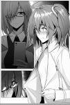  1boy 1girl blush breasts caught cellphone closed_mouth collarbone crossdressinging fujimaru_ritsuka_(male) glasses hair_over_one_eye highres long_sleeves looking_at_another monochrome nipples nose_blush phone semi-rimless_glasses shielder_(fate/grand_order) shijiu_(adamhutt) smartphone under-rim_glasses upper_body wig 