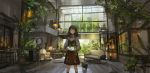  1girl armchair bangs black_hair brown_eyes cat chair couch dress hanging_light holding indoors lm7_(op-center) long_hair long_sleeves original plant potted_plant scenery solo standing tree window 