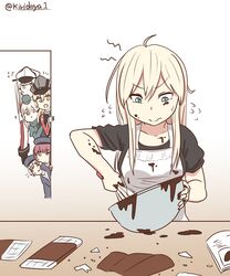  6+girls absurdres alternate_costume apron bismarck_(kantai_collection) black_shirt blonde_hair blue_eyes bowl chocolate commentary_request graf_zeppelin_(kantai_collection) hat highres kantai_collection kiritto long_hair military military_hat military_uniform mixing_bowl multiple_girls peaked_cap peeking_out prinz_eugen_(kantai_collection) shirt short_hair twitter_username uniform valentine whisk z1_leberecht_maass_(kantai_collection) z3_max_schultz_(kantai_collection) 