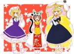  3girls :3 :d ^_^ blonde_hair bow bowtie brown_hair cat_tail chen chen_(cosplay) closed_eyes color_switch cosplay costume_switch dress elbow_gloves facing_viewer fang fingernails fox_tail frilled_hat frills gloves hands_in_sleeves hat komaku_juushoku long_sleeves looking_at_viewer mob_cap multiple_girls multiple_tails open_mouth parasol pillow_hat puffy_long_sleeves puffy_short_sleeves puffy_sleeves purple_dress red_background sharp_fingernails short_hair short_sleeves sleeves_together smile star starry_background tabard tail touhou two_tails umbrella white_bow white_bowtie white_dress white_gloves white_hat white_legwear wide_sleeves yakumo_ran yakumo_ran_(cosplay) yakumo_yukari yakumo_yukari_(cosplay) yellow_eyes 