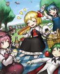  &gt;;d 6+girls ;d alice_margatroid american_flag_dress animal_ears antennae apple arm_up ascot bird_wings black_hair blonde_hair blouse blue_dress blue_eyes blue_hair blush bow broom broom_riding cape cirno closed_eyes clownpiece commentary_request cup day disembodied_head dress dress_shirt drinking_glass dutch_angle eyebrows_visible_through_hair fairy_wings fence flask floating food fruit gohei grass green_hair hair_bow hair_ribbon hakurei_reimu hands_up happy hat highres holding holding_cup holding_food hot_dog ice ice_wings jester_cap kirisame_marisa long_sleeves looking_at_another lying multiple_girls multiple_heads mystia_lorelei neck_ruff on_back one_eye_closed onigiri onozuka_komachi open_mouth orange_juice outdoors picnic picnic_basket pink_hair red_eyes redhead ribbon rumia sandwich sekibanki shirt shoes_removed short_hair short_sleeves sitting skirt sleeping smile socks spark621 team_9 touhou tree wings witch_hat wooden_fence wriggle_nightbug 