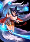  1girl ahri animal_ears bare_shoulders black_background black_hair breasts cleavage detached_sleeves facial_mark fingernails fox_ears fox_tail korean_clothes large_breasts league_of_legends long_hair multiple_tails patipat_asavasena simple_background slit_pupils solo tail tongue tongue_out whisker_markings yellow_eyes 