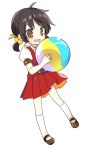  1girl ball beachball black_hair blush brown_eyes chibi dress hair_bobbles hair_ornament holding holding_ball kaai_yuki mary_janes open_mouth red_dress shoes short_twintails smile socks solo twintails vocaloid yoshiki 