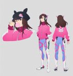  1girl acronym animal_ears animal_hat animal_print arms_at_sides badge bangs black_hat blue_bodysuit bodysuit bodysuit_under_clothes boots brown_eyes brown_hair bubble_blowing bunny_print button_badge cabbie_hat chewing_gum clenched_hands d.va_(overwatch) emblem facepaint facial_mark fake_animal_ears from_behind grey_background hand_on_headwear hand_up hands_in_pockets hat hat_ornament headphones jacket legs_apart logo long_hair long_sleeves looking_at_viewer makeup mascara meadowlarking neon_genesis_evangelion one_eye_closed overwatch parody pink_jacket simple_background solo souryuu_asuka_langley standing thigh-highs thigh_boots thigh_strap track_jacket whisker_markings white_boots 