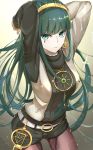  1girl arms_up bangs belt bracelet cleopatra_(fate/grand_order) closed_mouth earrings eyebrows_visible_through_hair fate/grand_order fate_(series) gradient gradient_background green_eyes green_hair hairband jewelry light_particles long_hair looking_at_viewer necklace p!nta pantyhose shorts solo 