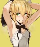 1girl adjusting_hair armpits blonde_hair blush bow fate/grand_order fate/stay_night fate/unlimited_codes fate_(series) glowing green_eyes hair_bow netlk saber saber_lily solo sweat upper_body yellow_background 