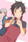  2boys ;) apron black_hair blue_eyes blush chagama-chan chocolate dutch_angle finger_to_mouth grey_hair grin jude_mathis looking_down ludger_will_kresnik male_focus multicolored_hair multiple_boys one_eye_closed orange_eyes smile streaked_hair tales_of_(series) tales_of_xillia tales_of_xillia_2 valentine 