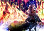  1girl :o blue_fire burning fire from_behind grey_hair hat indoors japanese_clothes kusakanmuri long_hair long_sleeves looking_at_viewer looking_back mononobe_no_futo open_mouth ponytail red_eyes skirt sleeves_past_wrists solo statue tate_eboshi touhou very_long_hair wide_sleeves 