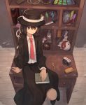  1girl arm_support bei_mochi black_eyes black_hair black_skirt book bottle branch camera cellphone closed_mouth commentary_request crystal desk fedora grimoire_of_alice hair_between_eyes hat hat_ribbon highres jeweled_branch_of_hourai key knife long_sleeves looking_at_viewer mini-hakkero mushroom necktie ofuda on_desk oonusa phone red_necktie ribbon ritual_baton shirt sitting sitting_on_desk skirt solo sorcerer&#039;s_sutra_scroll suit_jacket test_tube touhou usami_renko white_shirt yin_yang_orb 