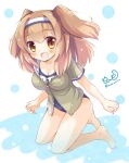  1girl :d barefoot breasts hairband highres i-26_(kantai_collection) kantai_collection light_brown_eyes light_brown_hair long_hair looking_at_viewer momoniku_(taretare-13) name_tag new_school_swimsuit one-piece_swimsuit open_clothes open_mouth sailor_collar school_swimsuit short_sleeves smile solo swimsuit swimsuit_under_clothes twitter_username two-tone_hairband two_side_up 