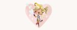  1girl blonde_hair bodysuit brown_legwear bubble_blowing chibi full_body hair_tie heart high_ponytail mechanical_halo mechanical_wings mercy_(overwatch) o3o overwatch pelvic_curtain simple_background solid_circle_eyes solo sparkle spread_wings star tinysnails valentine white_background wings yellow_wings 