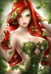  1girl artist_name batman_(series) breasts cleavage dc_comics green green_eyes hand_in_hair leaf madeleineink parted_lips poison_ivy red_lips redhead solo watermark web_address white_flower 