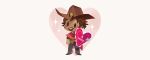 1boy beard brown_hair cape chibi cowboy_hat facial_hair full_body gloves hat heart holding mccree_(overwatch) overwatch pointing simple_background smile solid_circle_eyes solo sparkle spurs star text tinysnails valentine white_background 