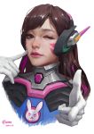  1girl 9 2016 animal_print artist_name bangs blue_bodysuit bodysuit brown_eyes brown_hair bunny_print chome d.va_(overwatch) dated eyelashes facepaint facial_mark finger_to_face gloves hands_up headphones high_collar overwatch 