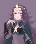  1girl artist_request breasts cape cleavage cleavage_cutout closed_mouth elbow_gloves fire_emblem fire_emblem_if gloves long_hair looking_at_viewer nyx_(fire_emblem_if) purple_hair red_eyes simple_background solo veil 